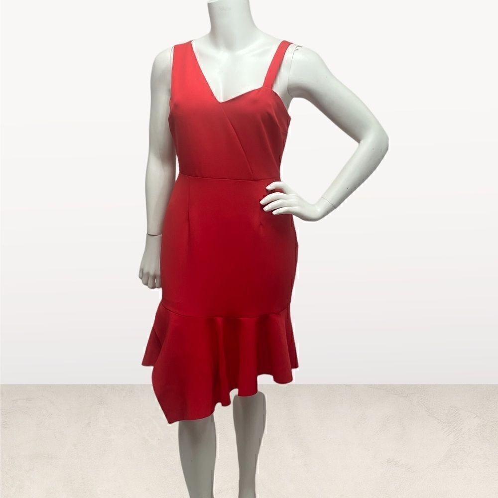 Laundry Asymmetrical Sleeve Ruffle Bottom Red Dress